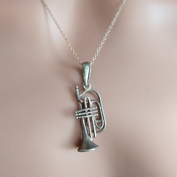 Sterling Silver Trumpet Pendant Necklace - Picture 2 of 15